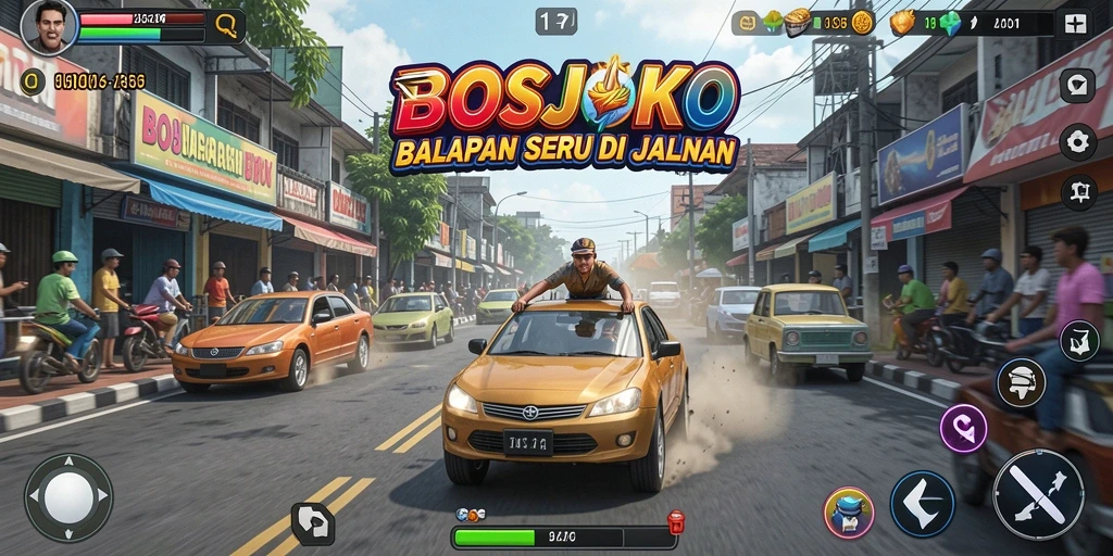 Screenshot gameplay BOSJOKO yang menampilkan aksi balap yang seru.