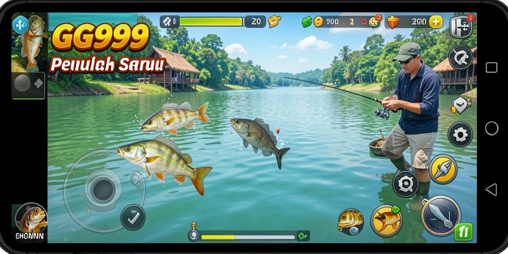 Gameplay GG999 menampilkan momen seru saat menangkap ikan di laut.