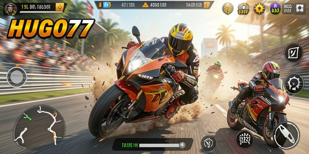 Screenshot menampilkan balapan motor yang cepat dan seru di HUGO77.